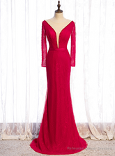 Burgundy Mermaid Lace Long Sleeve Beading Prom Dress